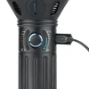 Black professional LED light charging, showing blue battery level and control interface.