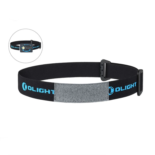 Black Olight elastic headlamp band with gray patch. Inset shows attached light.
