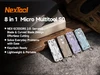 NexTool 8 in 1 Micro Multitool S0 in silver, tan, purple, and blue lined up on a stone surface