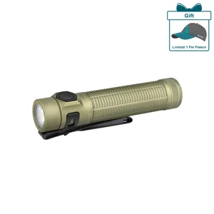 Olight Olive Green Baton 4 Pro Flashlight Side View with Two-Way Pocket Clip for Everyday Carry