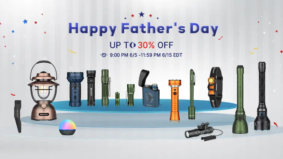 Father's Day sale banner with blue balloons, gift boxes, and discount code THXDAD for 10% off.