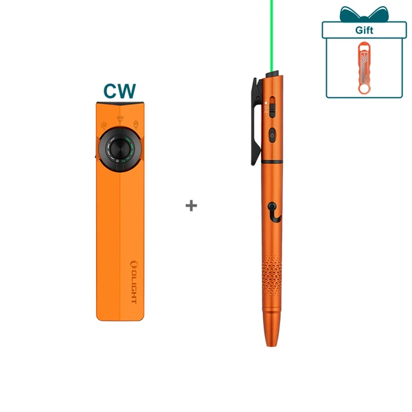 Olight Orange ArkPro CW compact utility light and ArkPro tactical pen with green laser, textured grip for EDC.