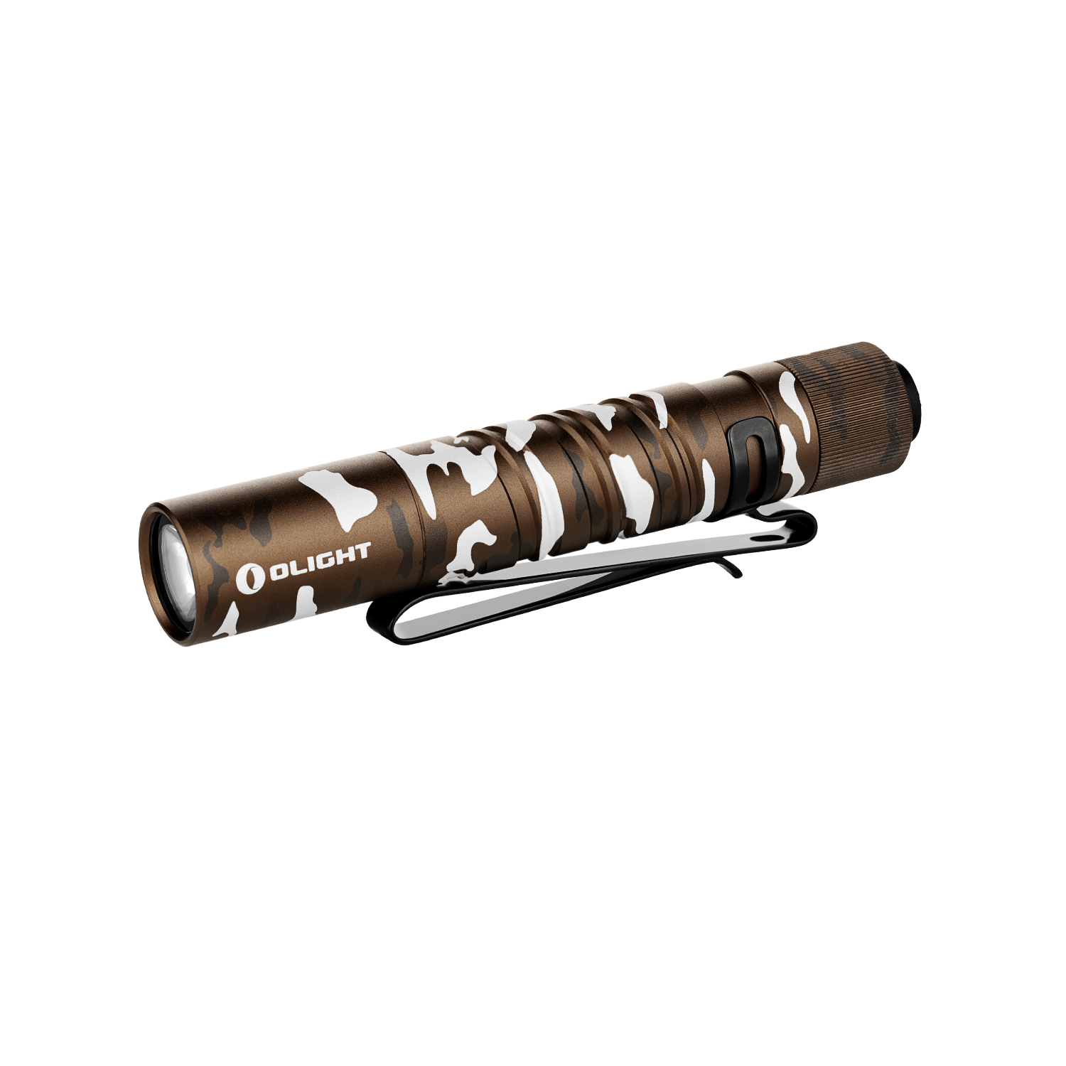 Olight Baton 3 Pro Max Desert Camouflage rechargeable EDC flashlight with pocket clip and L-shaped stand.