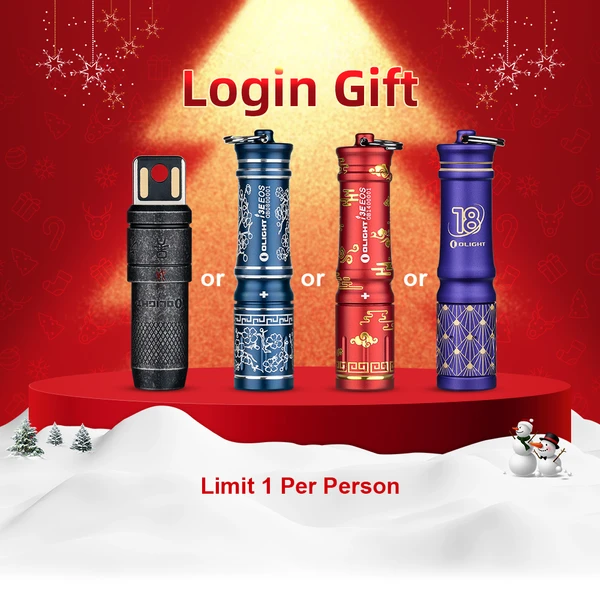 Login Gift: Olight flashlights in black, blue, red, and purple with decorative patterns, limited to 1 per person.