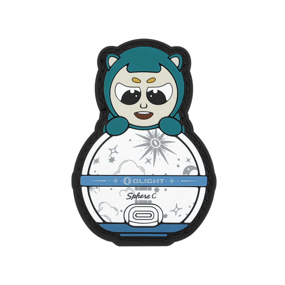 Olight Sphere C PVC patch with smiling cartoon character peeking from celestial sphere.