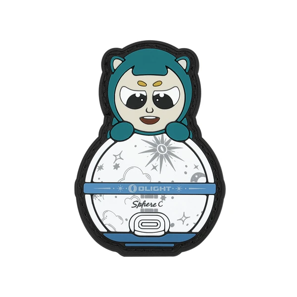 Olight Sphere C PVC patch with smiling cartoon character peeking from celestial sphere.