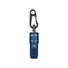 Blue metallic flashlight with black carabiner clip, white background