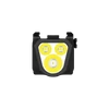 Black boxlight, three square yellow LEDs, one round central yellow LED, black background