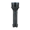 Black tactical LED flashlight with blue trim, ribbed body for grip, and detailed control panel.