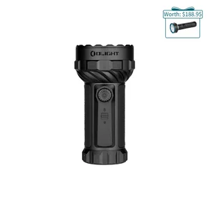 Olight black powerful handheld searchlight standing upright on a clean white background