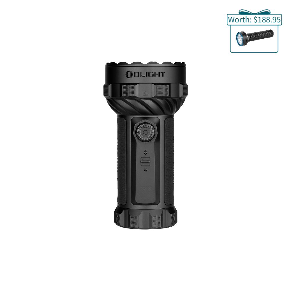 Olight black heavy duty flashlight featuring rotary switch control knob with free gift promotional offer.