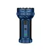 Blue rechargeable LED flashlight with black textured grip and USB port isolated on white background