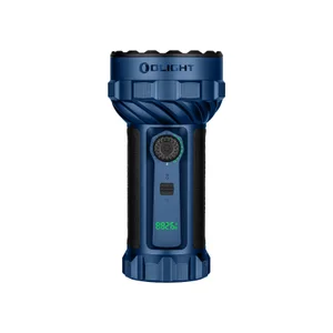 Blue rechargeable LED flashlight with black textured grip and USB port isolated on white background