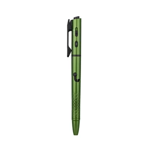 Metallic green tactical pen flashlight with textured grip and pocket clip isolated on white background