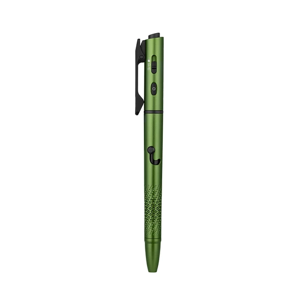 Metallic green tactical pen flashlight with textured grip and pocket clip isolated on white background