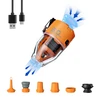 Flextail orange portable air pump showing suction and inflation airflow with USB cable and nozzle attachments