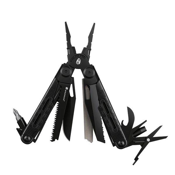 Black multi-tool pliers with unfolded knife, saw, screwdriver, and scissors isolated on a white background