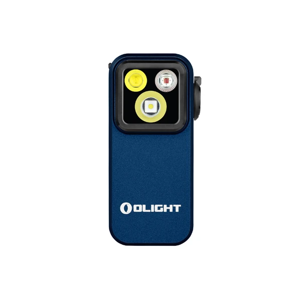 Olight Blue Oclip Pro Clip-on Flashlight Front View with Triple LED Light Source for EDC and Outdoor Use