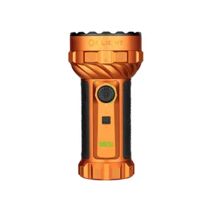 Olight Marauder 2 powerful orange flashlight with digital display and black textured grip on white background