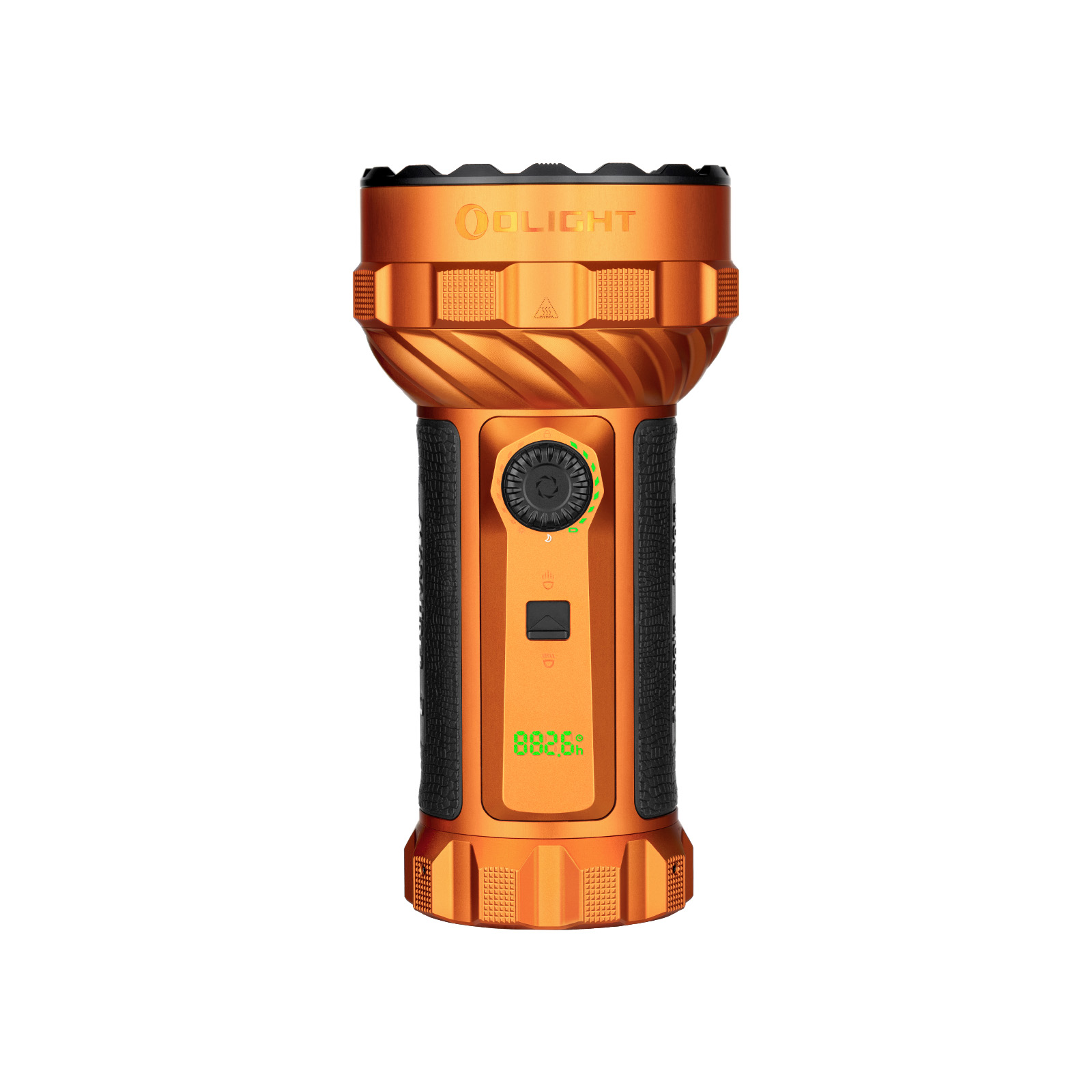 Olight Marauder 2 powerful orange flashlight with digital display and black textured grip on white background