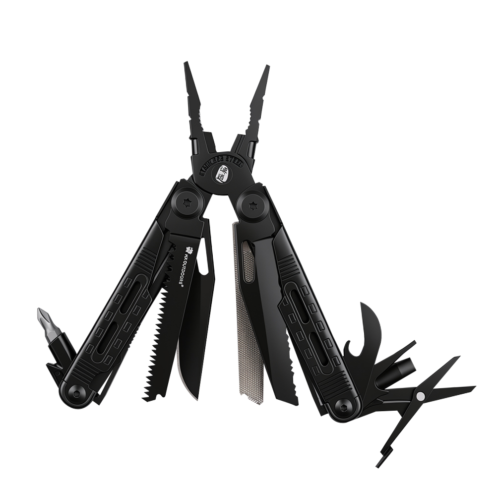 Black multi-tool pliers with screwdriver, saw, knife, and scissors for EDC survival gear.