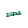 Teal flashlight with palm tree design and keychain.