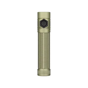 Olight Olive Green Baton 4 Pro Flashlight Side View with Two-Way Pocket Clip for Everyday Carry