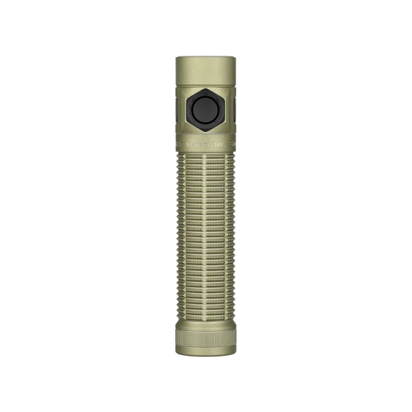 Olight Desert Tan Baton 4 Pro flashlight front view with textured body for outdoor and tactical use