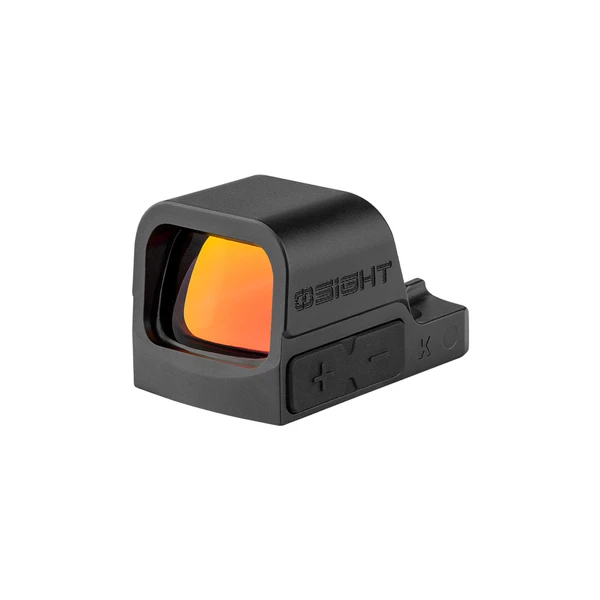 Olight Black Osight K Red Dot Sight Angle View with Orange Coated Lens and Side Buttons for Precision Shooting