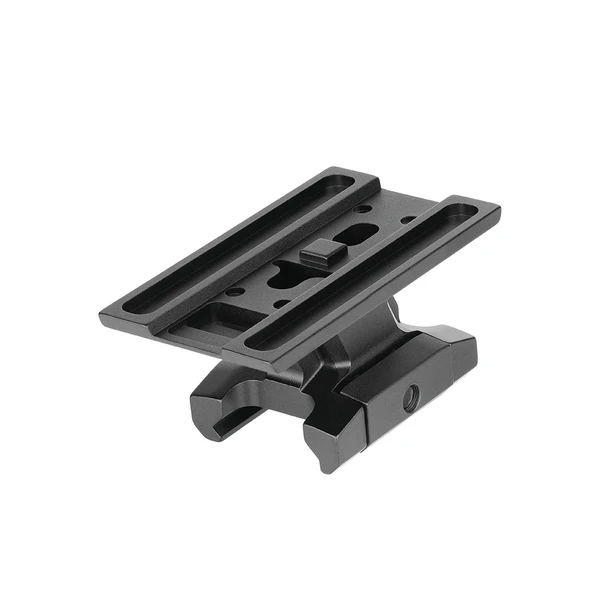 Black metal scope mount riser adapter for picatinny rail on white background