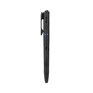 Sleek black pen with integrated flashlight, laser pointer, and recording functions for versatile daily use.