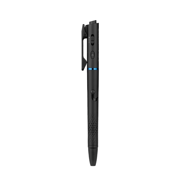 Sleek black pen with integrated flashlight, laser pointer, and recording functions for versatile daily use.