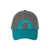 Gray baseball cap with teal brim and embroidered wave logo