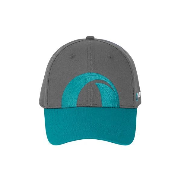 Gray baseball cap with teal brim and embroidered wave logo