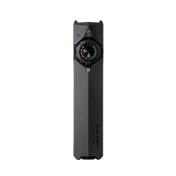 Olight Arkfeld Pro flat flashlight in black featuring a central selector dial, UV light, laser, and white light options