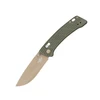 Olive green tactical folding knife with desert tan blade, textured handle.