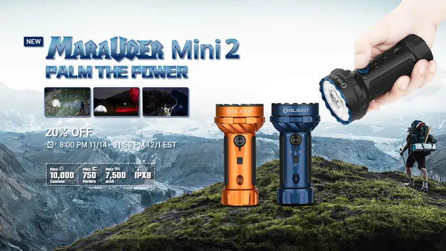 Olight Marauder Mini 2 high-lumen flashlight, 10000 lm, 750m throw, IPX8. Perfect for outdoor adventure & camping.