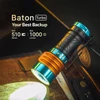 Olight Baton Turbo flashlight, 510m beam, 1000 lumens, orange and blue casing with tactical grip and pocket clip.