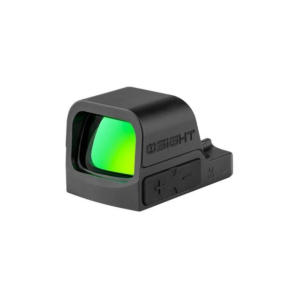 Olight Black Osight K Red Dot Sight Isometric View featuring Green Coated Lens and Side Buttons for Precision Shooting