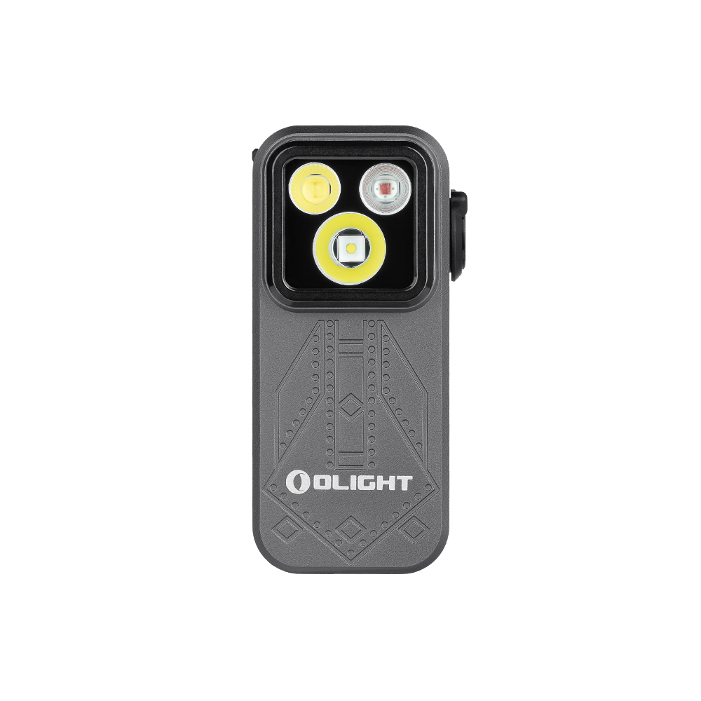 Olight Grey Oclip Pro Front View with Three Lights and Textured Surface for Everyday Carry