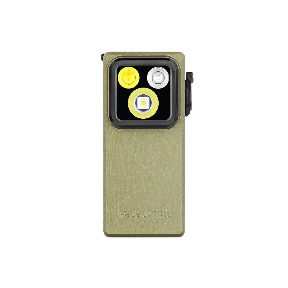 Olight Oclip Ultra flashlight in green, front view showing the three LED lights for illumination.