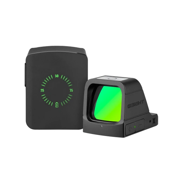 Black QSIGHT red dot sight with green reticle, paired with a remote display showing range and battery.