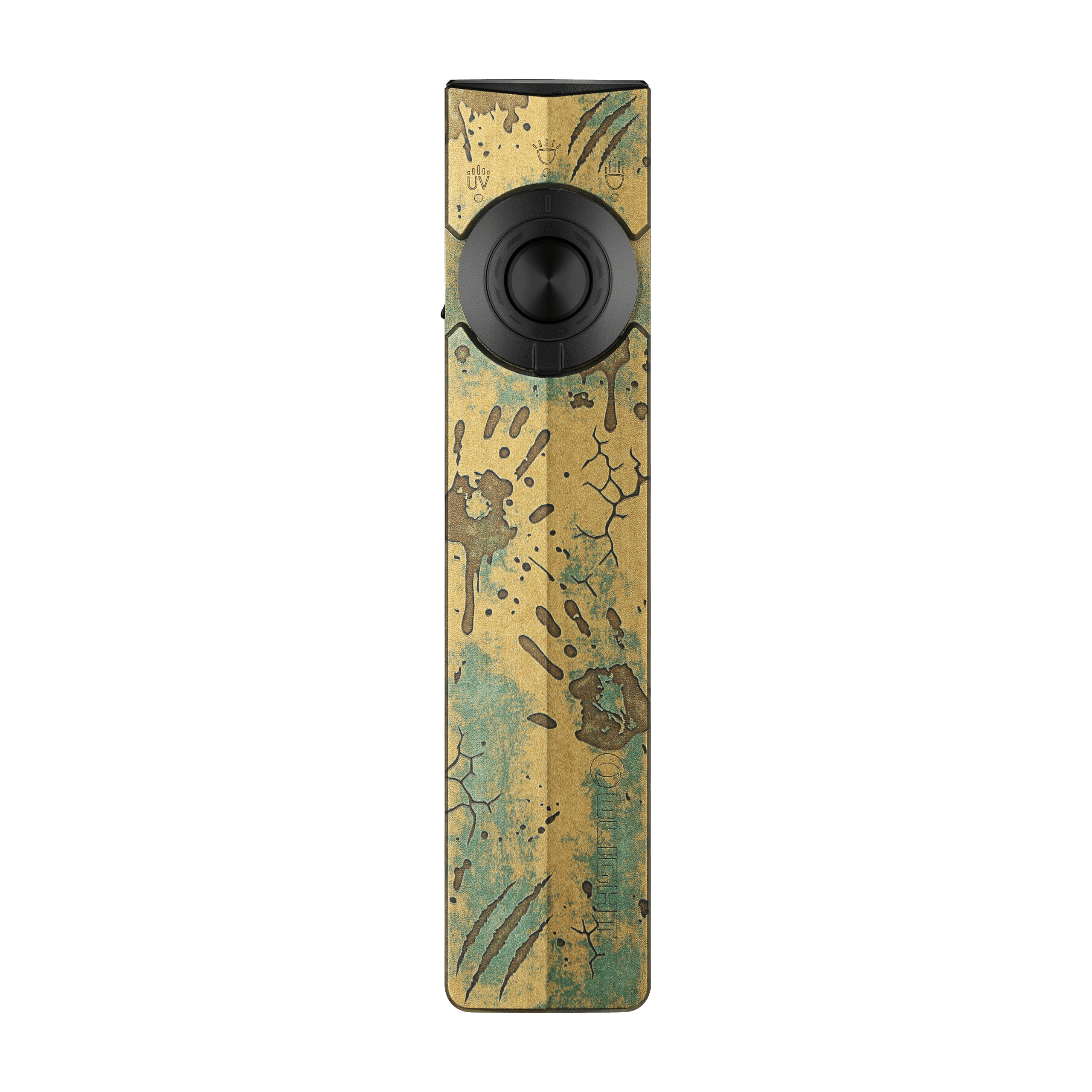 Olight ArkPro Zombie Green EDC Flashlight Front View with Scratch and Handprint Pattern for Outdoor Use