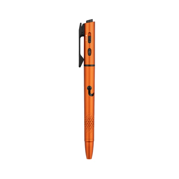 Orange tactical flashlight pen with clip and textured grip
