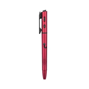 Red multi-functional tactical pen with pocket clip, flashlight, and textured grip