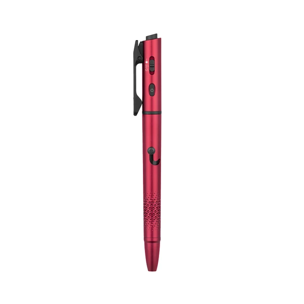 Red multi-functional tactical pen with pocket clip, flashlight, and textured grip