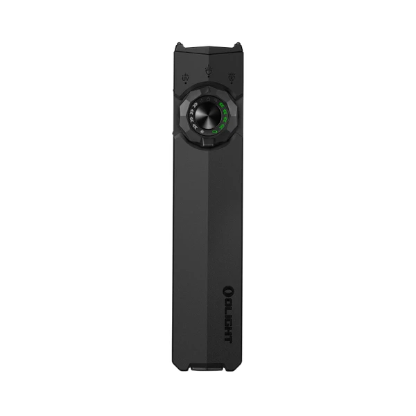Olight flat EDC flashlight with rotary switch dial and green indicator lights isolated on white background