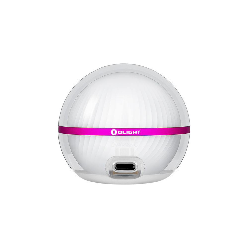 Olight Sphere C round portable light with magenta band showing USB-C charging port on white background