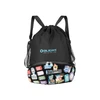 Black Olight drawstring backpack with mesh pockets, adorned with colorful Olight badges and patches.