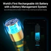 Rechargeable AA battery with BMS and app monitoring displaying battery status and charging data.